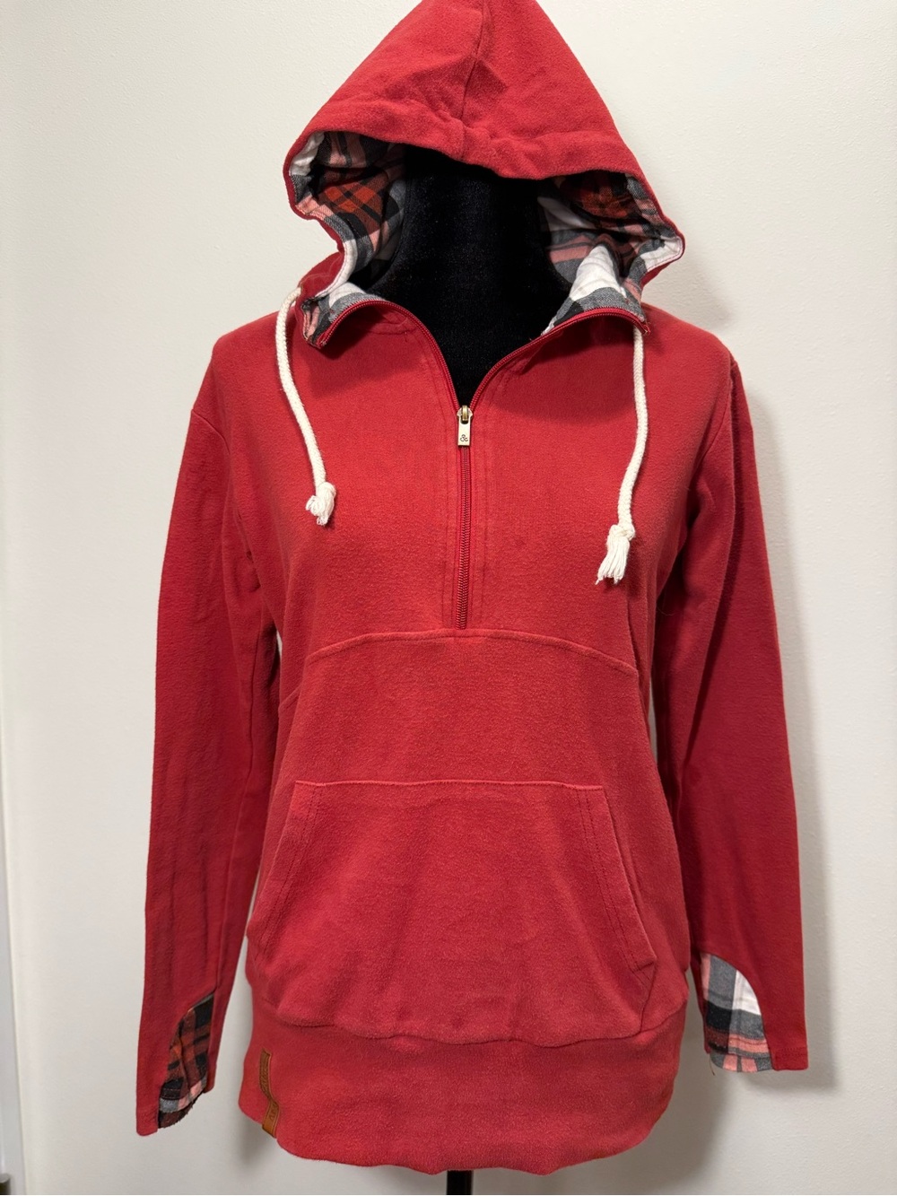 AMPERSAND AVE Red Half-Zip Hoodie with Plaid Trim